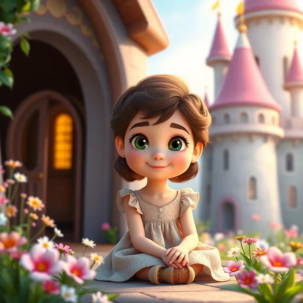 A young girl, with bright, cheerful eyes and a simple dress, sitting outside a colorful castle, looking determined and hopeful, surrounded by flowers, whimsical style, fairytale theme, soft light, pastel colors, warm atmosphere, inviting vibe, high quality