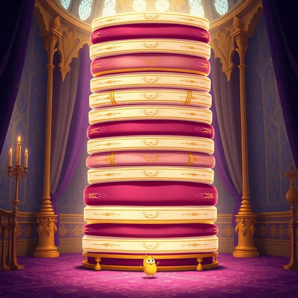 A tall stack of twenty mattresses, with a tiny pea peeking out at the bottom, inside a royal chamber with intricate decor, detailed illustration, glittering gold and purple colors, a magical fairy tale vibe, high quality