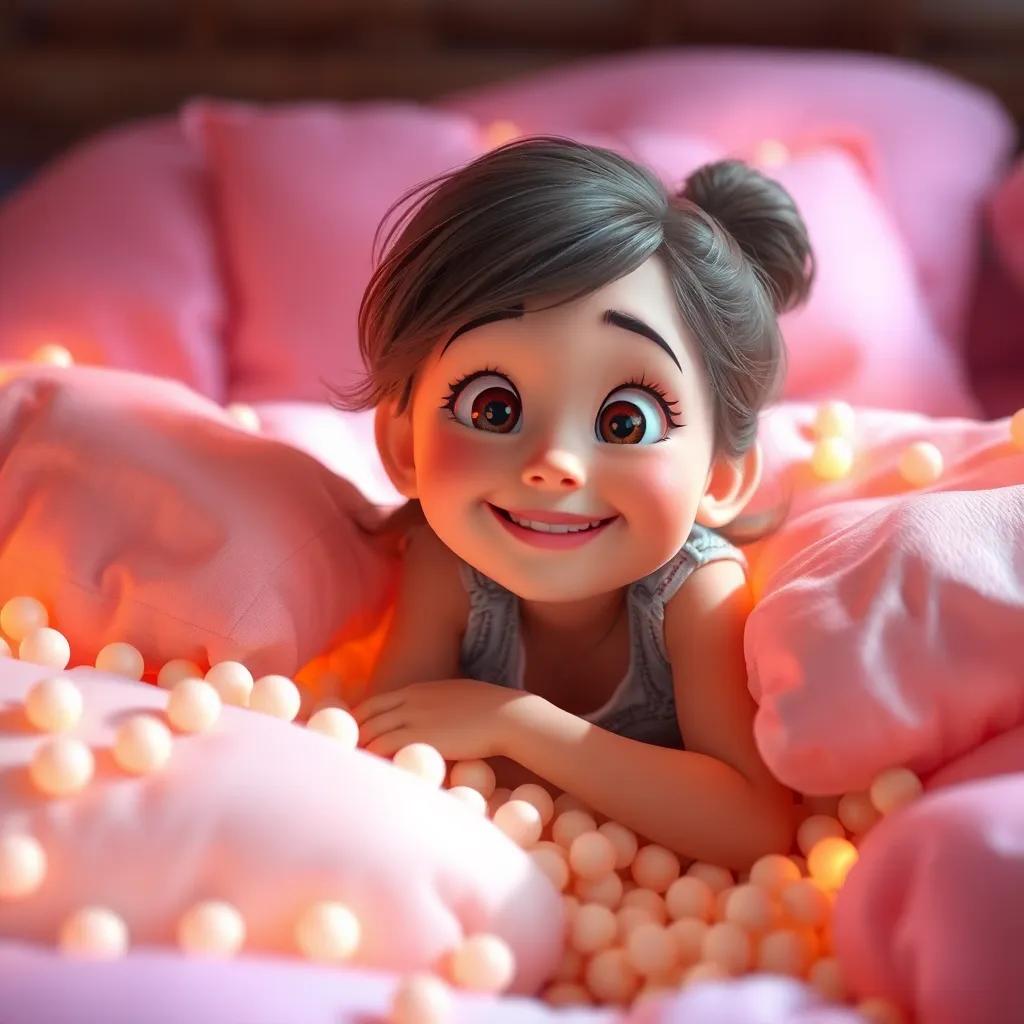 A young girl, smiling and lying on the pile of mattresses, looking surprised after feeling the pea, surrounded by softness and light, enchanting style, dreamlike atmosphere, bright and cheerful colors, high quality