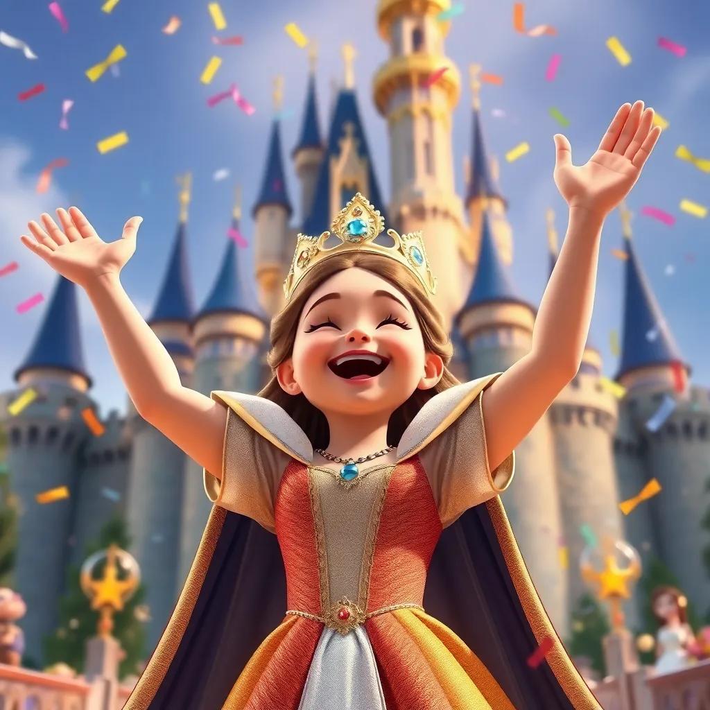 A happy queen, rejoicing with arms up in the air, as confetti falls around her, celebrating the girl’s true identity in front of the castle, joyful style, vibrant colors, festive atmosphere, high quality