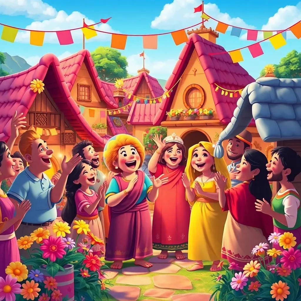 A colorful village scene with villagers celebrating and singing, showcasing joy and unity, with flowers and decorations everywhere, lively illustration, bright colors, cheerful and inviting vibe, high quality