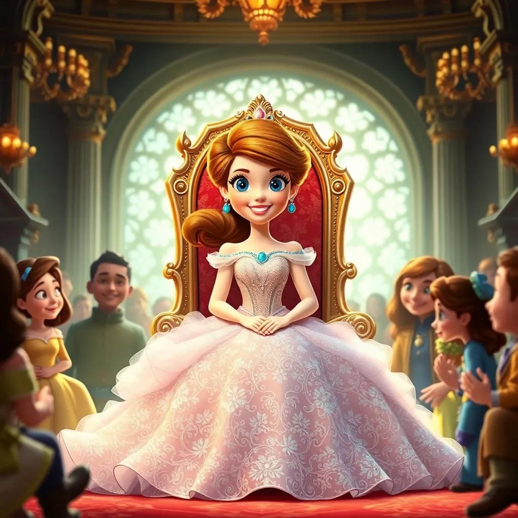 A beautiful princess, in a sparkling gown, sitting on a throne with a warm smile, surrounded by friends and family in a grand hall, charming style, opulent colors, heartwarming atmosphere, radiant light, high quality