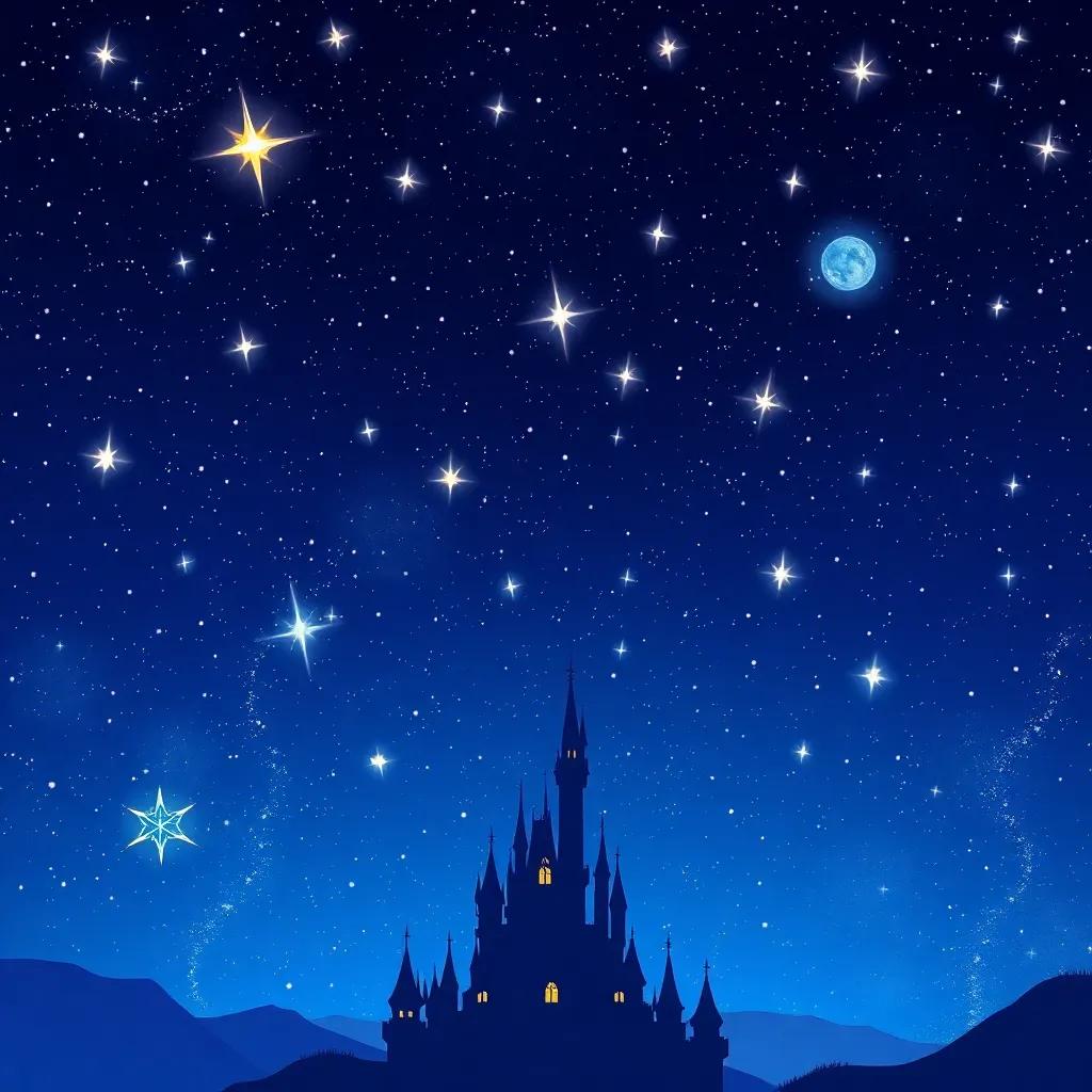 A night sky filled with twinkling stars, symbolizing dreams and wishes, with a beautiful castle silhouette, magical illustration, deep blues and purples, enchanting vibe, high quality