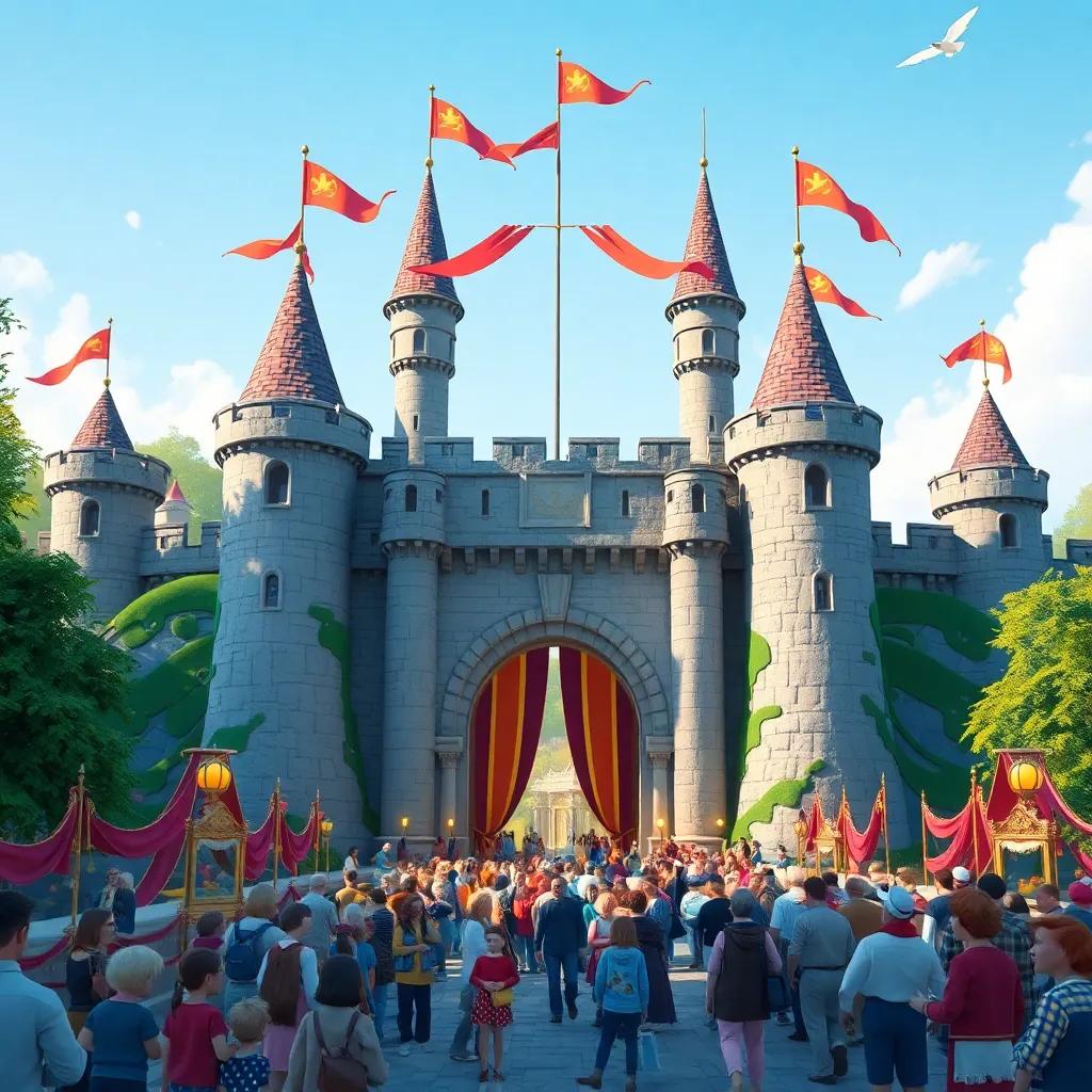The castle gates wide open, welcoming all, with banners flying high, and everyone from the village gathering to join the celebration, picturesque scene, whimsical style, bright colors, festive mood, high quality