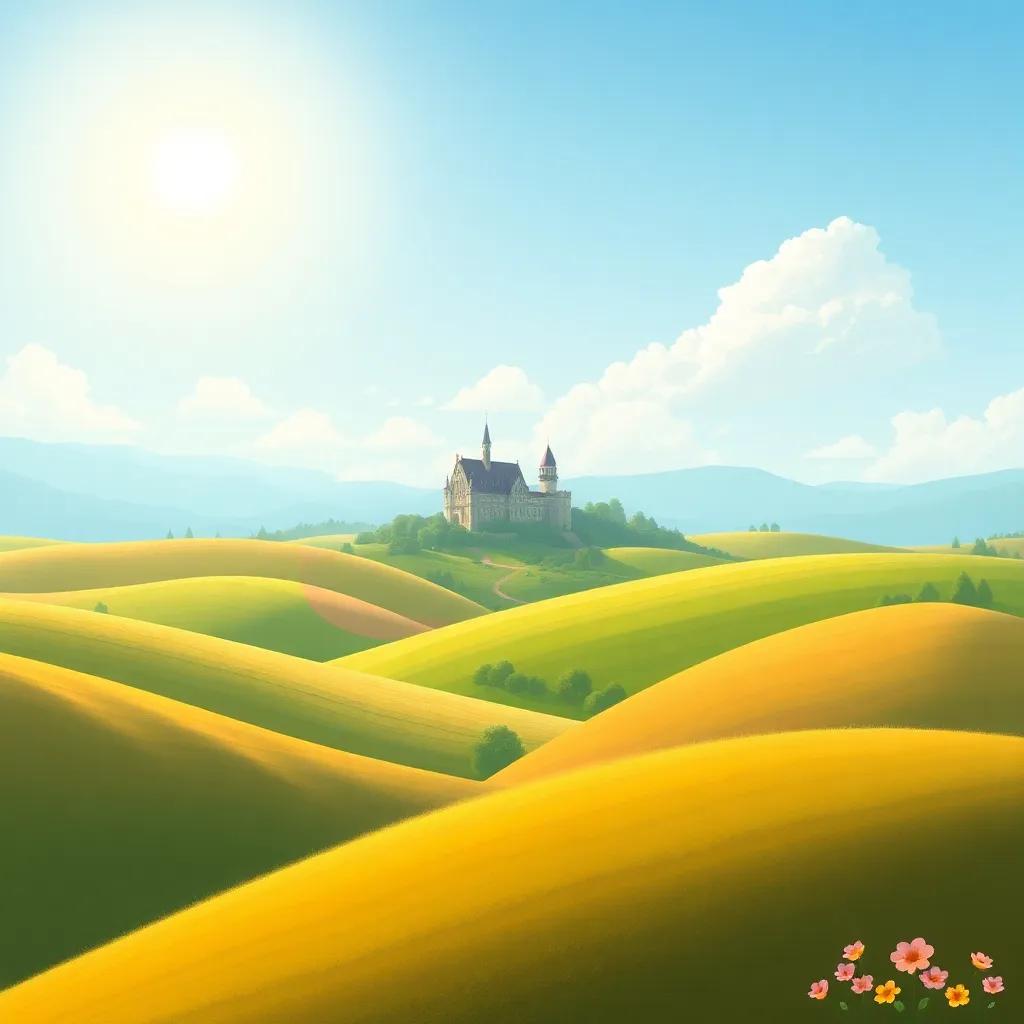 A picturesque countryside with rolling hills and a bright sun, symbolizing happiness and love, with the castle in the background, idyllic illustration, pastel colors, serene and peaceful atmosphere, high quality