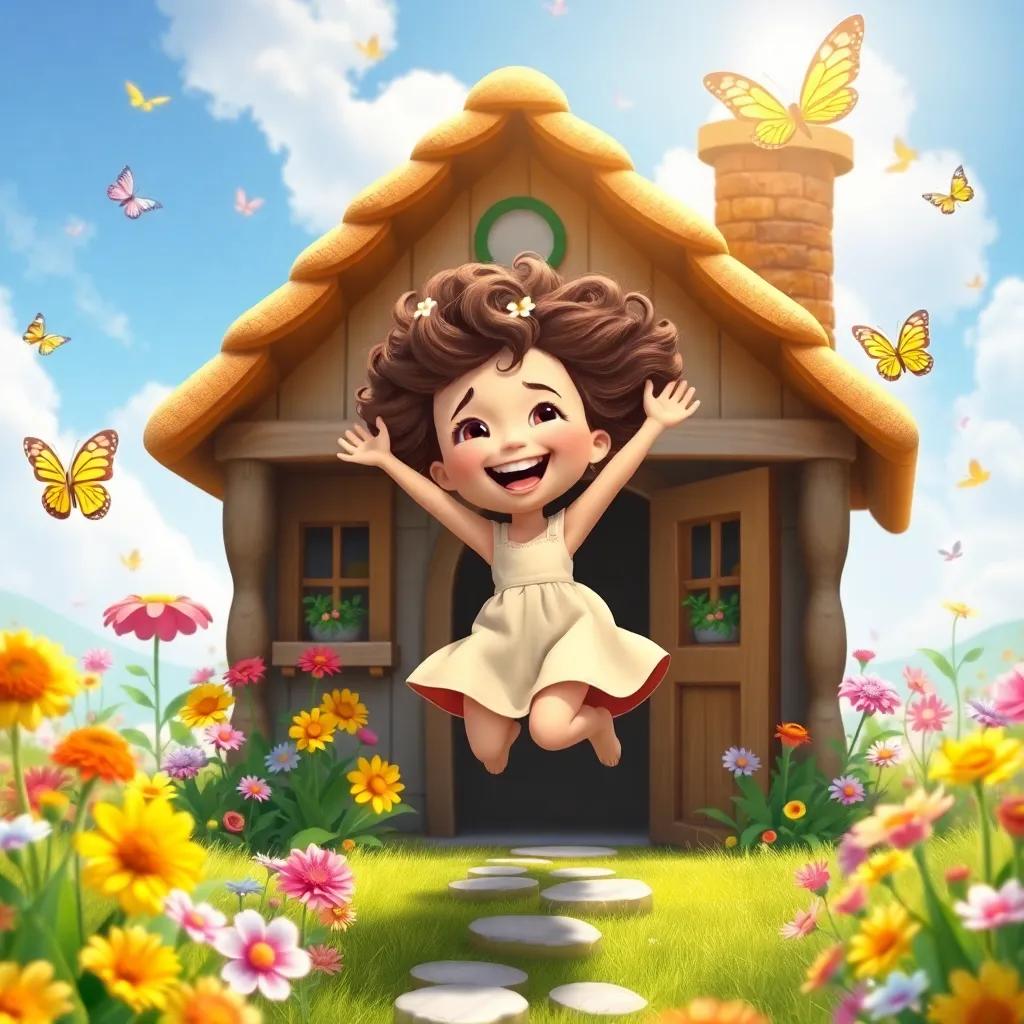 In a bright and colorful kingdom, a happy young girl with curly brown hair, wearing a simple dress, jumps joyfully in her cottage surrounded by flowers and butterflies, whimsical, fairy tale, high quality