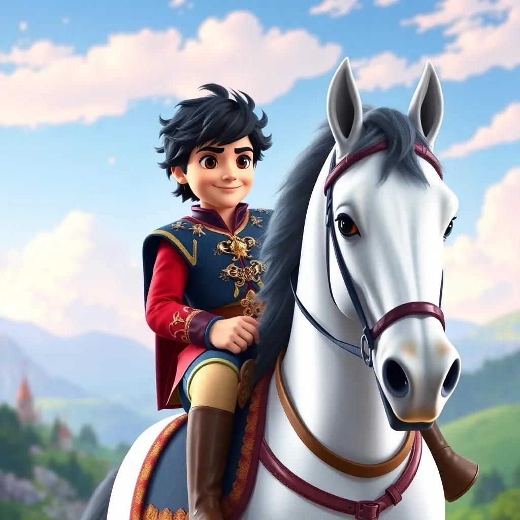 A dashing prince, handsome with wavy black hair, dressed in a royal outfit, rides into the kingdom on a magnificent white horse, landscape vibrant and lively, high quality