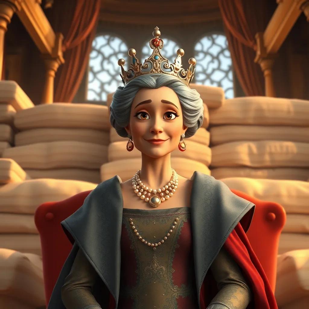 The queen, with elegant attire and a crown, looks wise and majestic, setting up a grand test of royal lineage with mattresses piled high, detailed digital art, warm light, inviting atmosphere
