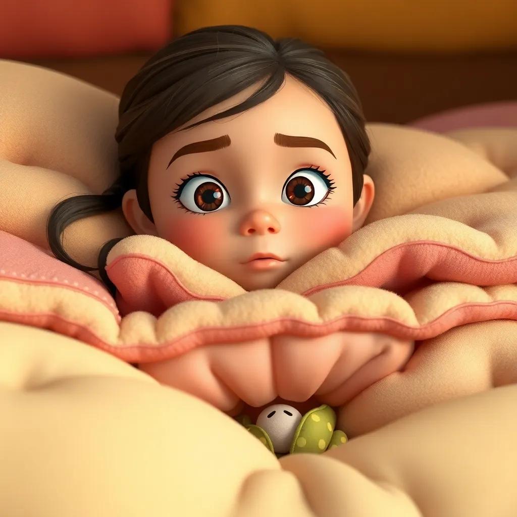 A young girl, looking determined, lies down on a mountain of fluffy mattresses while a tiny pea is cleverly hidden underneath, colorful tones, playful perspective, high quality