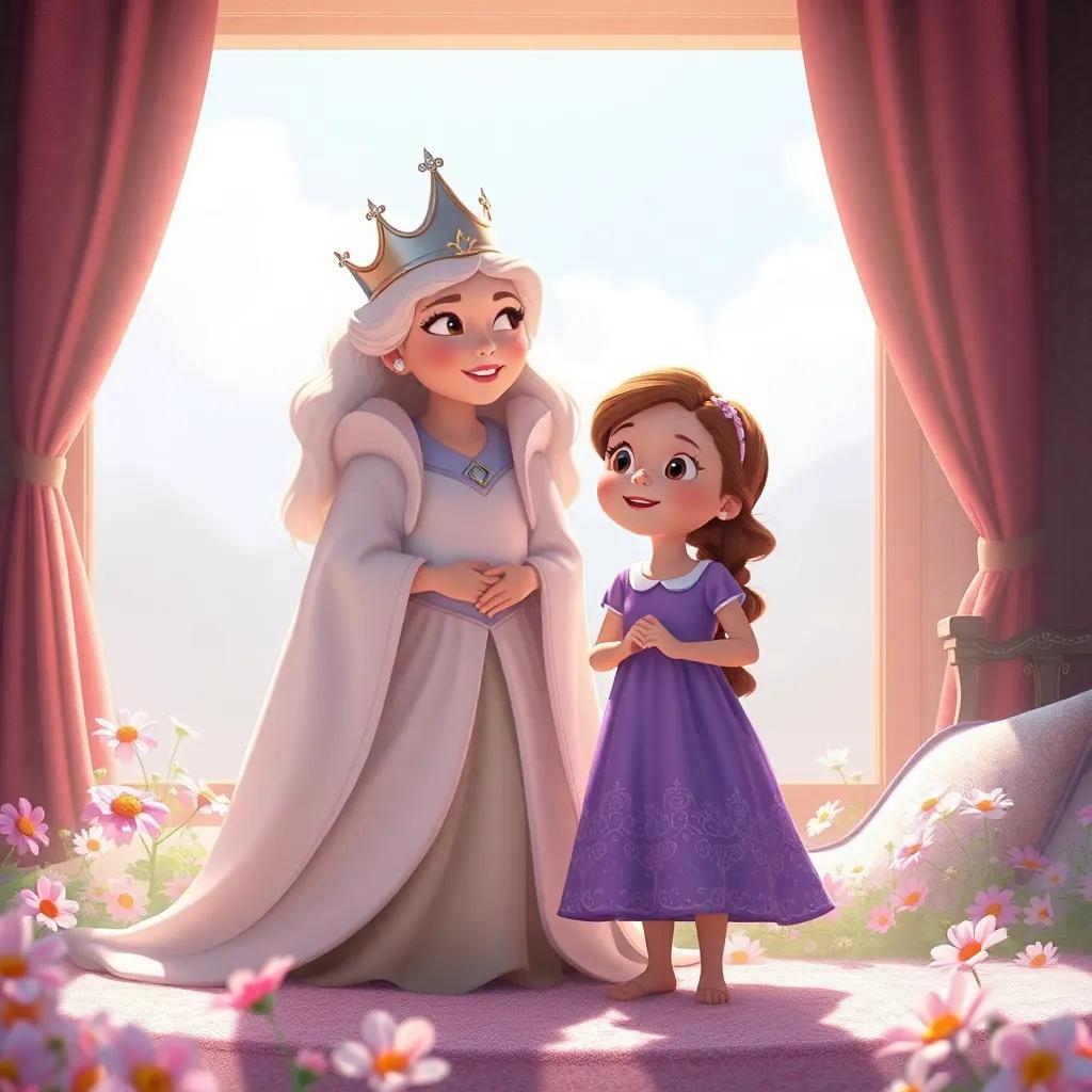 In the morning sunlight, the queen stands next to the girl, surprised and delighted, hearing about the disturbance in sleep, a bright and cheerful scene with flowers around them, high quality