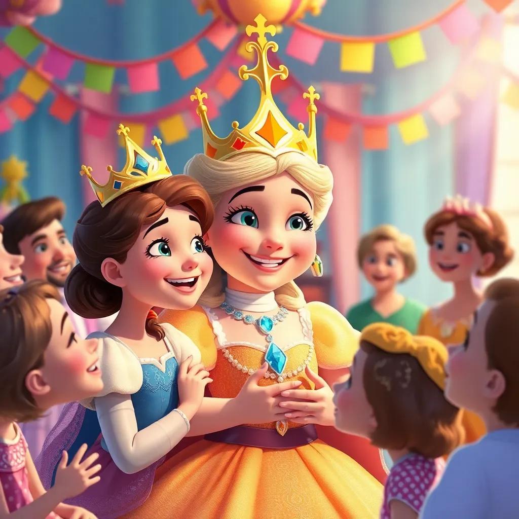 The queen smiles widely as she declares the girl a true princess, colorful decorations and happy guests around, laughter and joy in the air, high quality