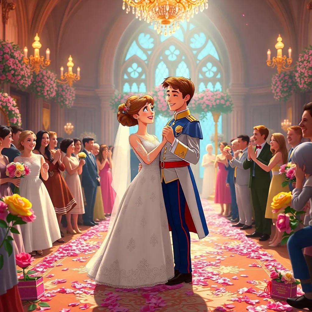 The prince and the girl dance at a beautiful royal wedding, surrounded by bright colors of flowers and joyful guests celebrating their love, charming atmosphere, high quality