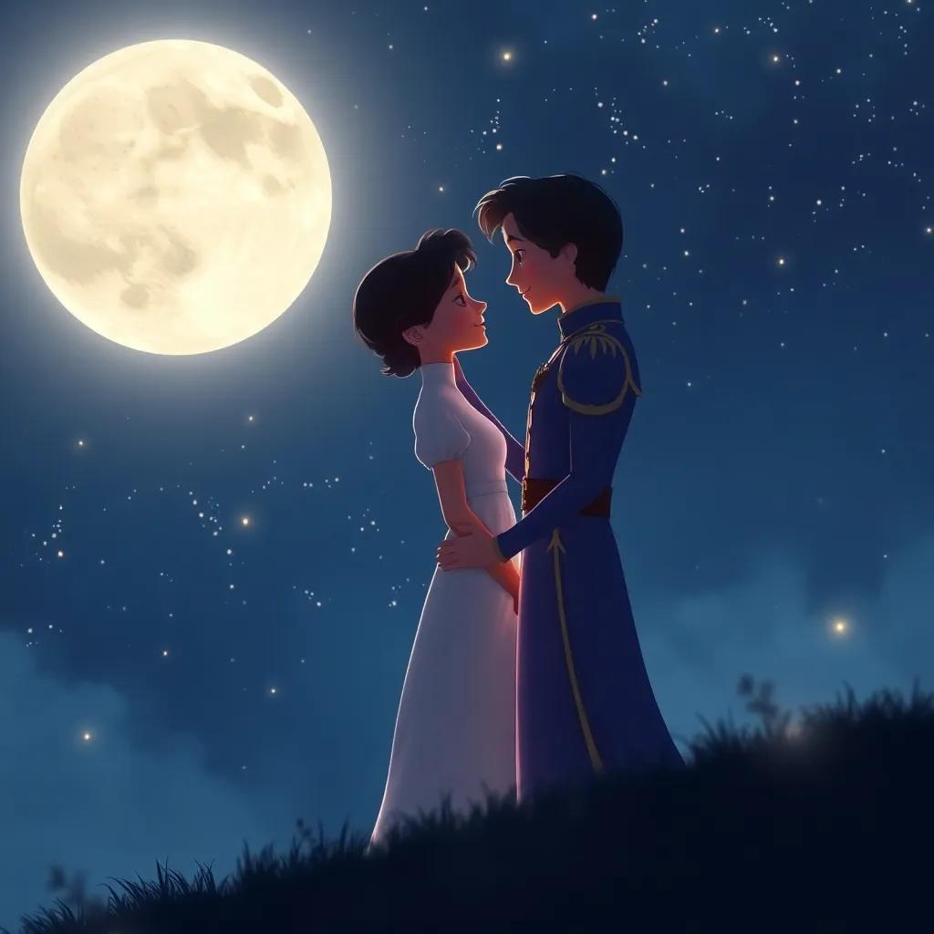 In a moonlit night, the girl stands with the prince in a romantic scene, their love shining brightly amidst the stars, dreamy and magical, high quality
