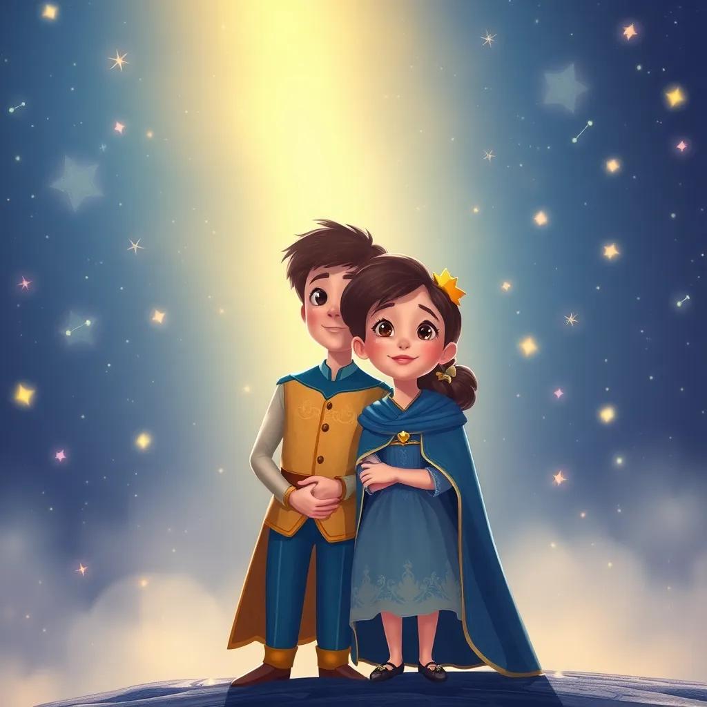 The final scene depicts the girl and prince together, surrounded by twinkling stars and bright constellations, a reminder that joy and kindness are what truly make a kingdom, high quality