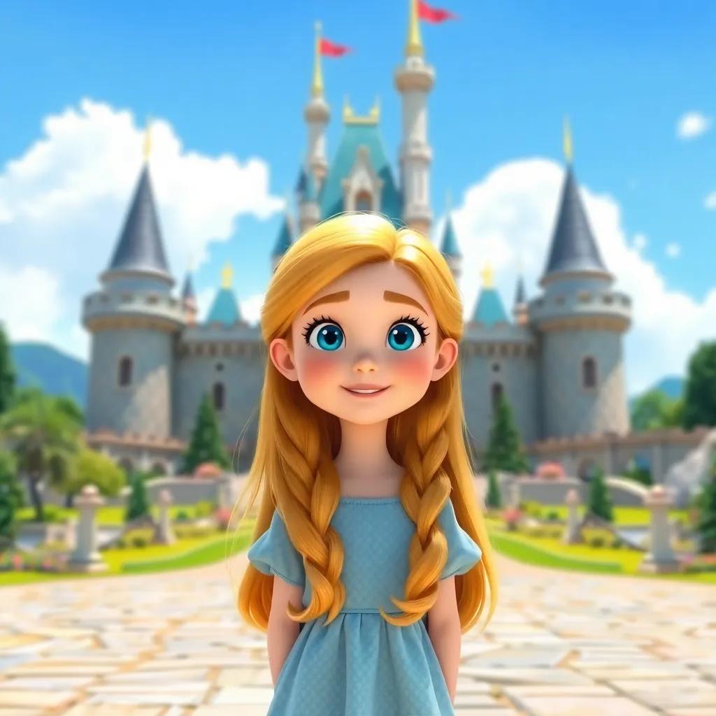 A young girl, Clara, with long golden hair, wearing a simple light blue dress, standing in front of a grand castle with a hopeful expression, sunny day, vibrant colors, fairy tale setting, cheerful atmosphere, high quality