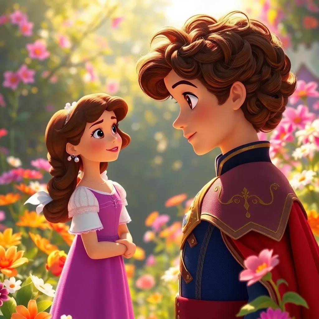 The prince with curly brown hair, wearing a royal outfit with a cape, looking at Clara with curiosity in a beautiful garden, colorful flowers blooming around, warm sunlight, enchanting, high quality, magical mood