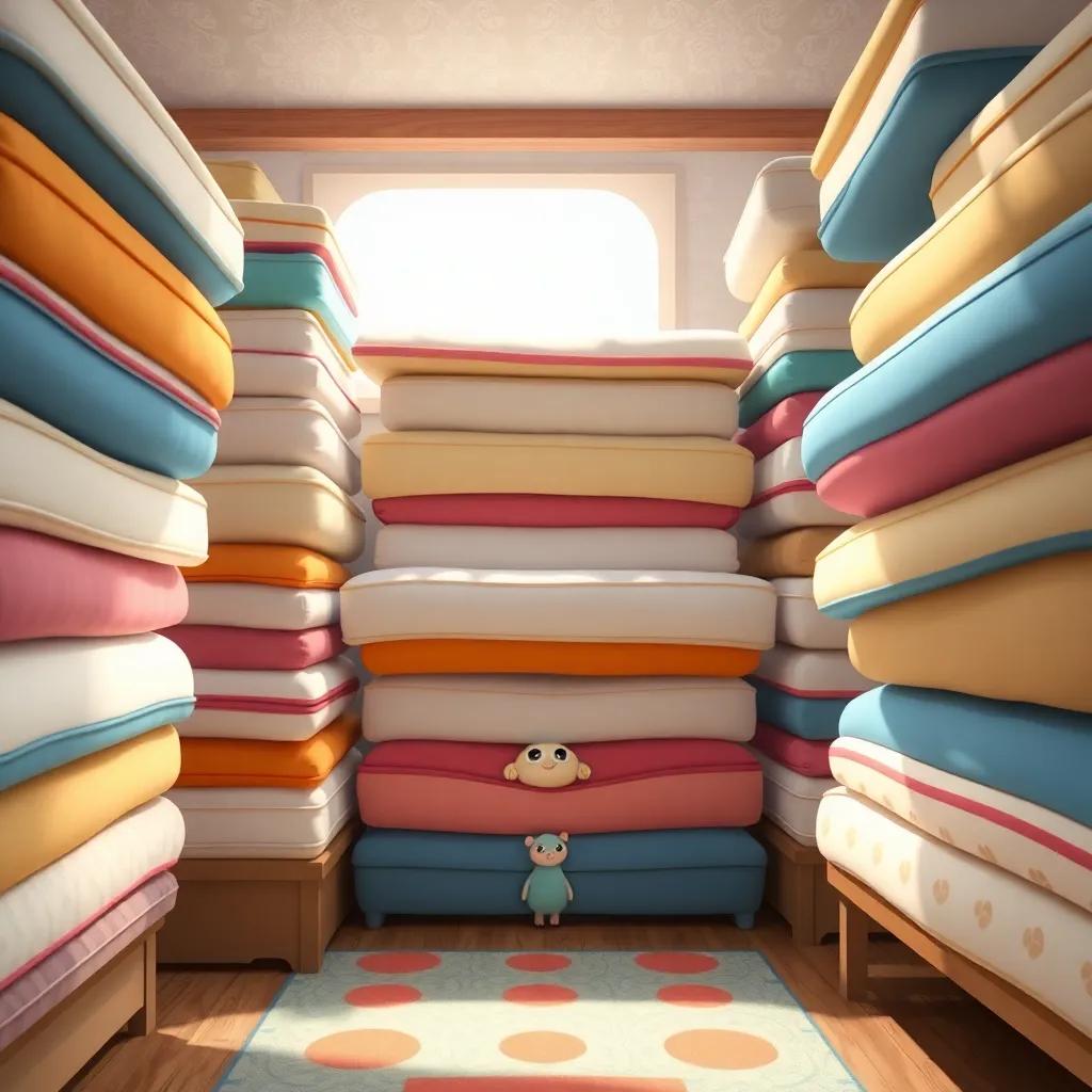 A cozy bedroom filled with tall stacks of mattresses, with a small pea hidden beneath them, bright and colorful, whimsical atmosphere, child's perspective, high quality