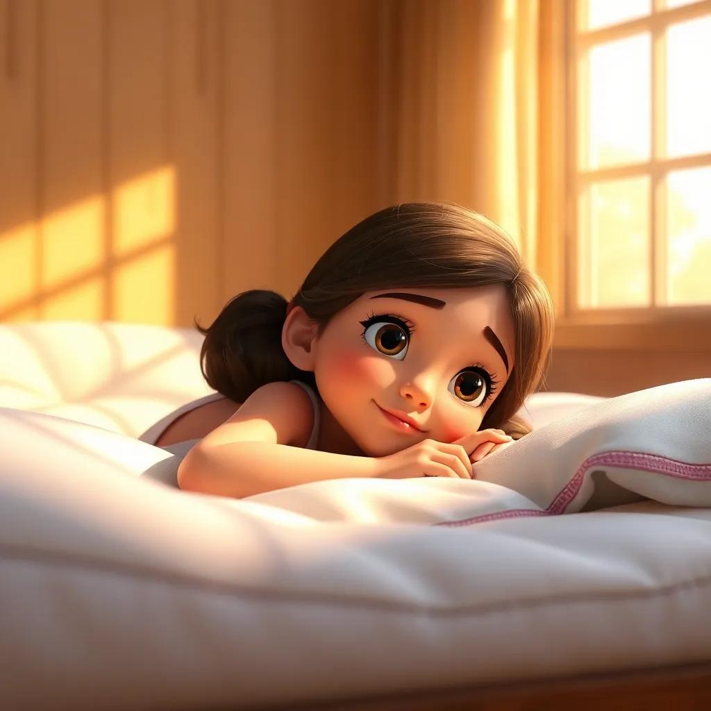 Clara, lying on the mattresses with a thoughtful expression, sunlight streaming in through the window, gently illuminating her face, peaceful, inviting colors, soft focus, high quality