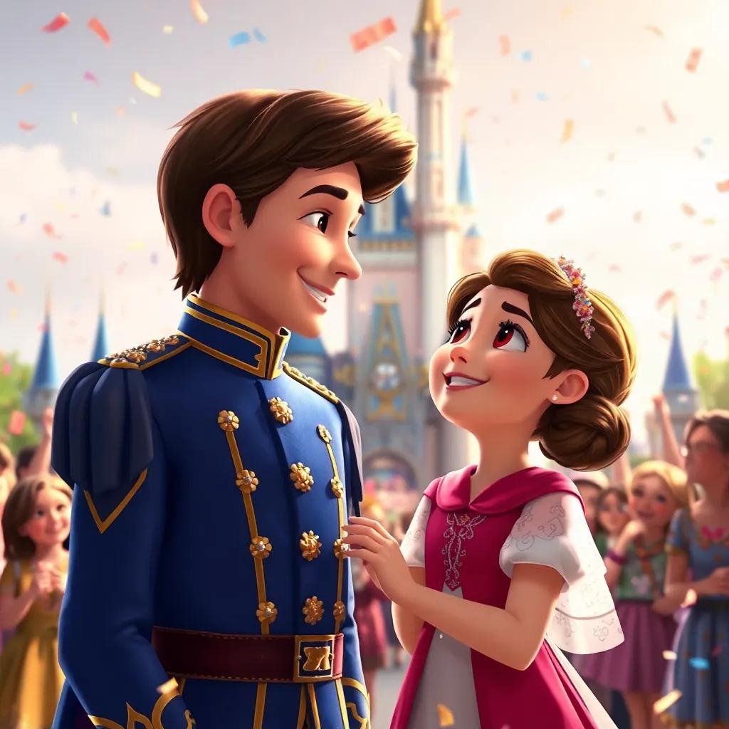The prince and Clara, smiling at each other with love, standing in front of the castle with a crowd of cheering people around, bright confetti in the air, joyful celebration, vibrant colors, heartwarming scene, high quality