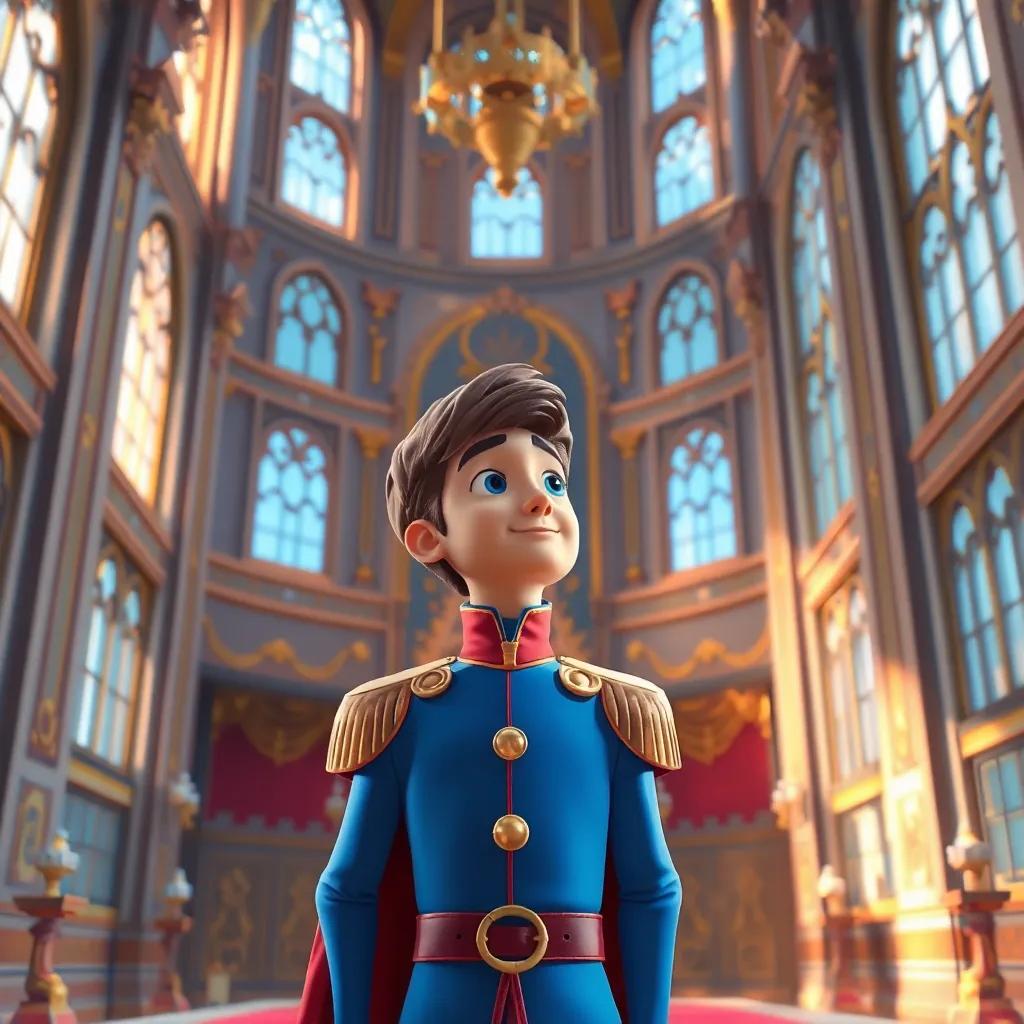 A prince standing in a grand castle, looking thoughtful and searching for a true princess, surrounded by tall windows and regal decor, digital art, bright colors, vibrant and cheerful atmosphere