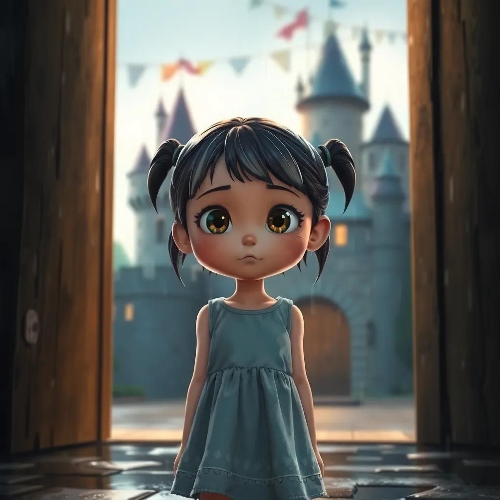 A young girl soaked from the rain, standing at the castle door with a determination in her eyes, wearing a simple dress, castle background, warm light, inviting and curious scene