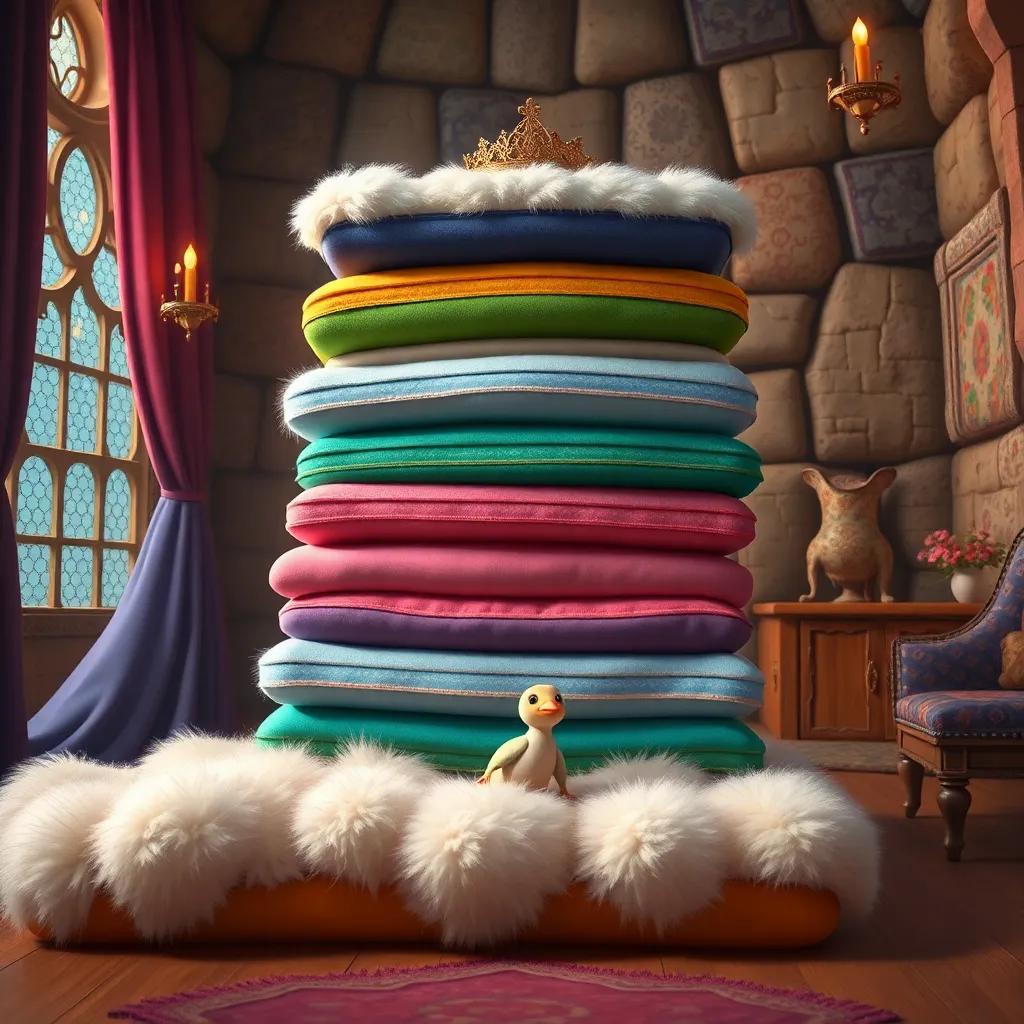 An elegant queen placing a small pea under a stack of twenty fluffy, colorful mattresses, inside a cozy castle room, rich textures, detailed and whimsical