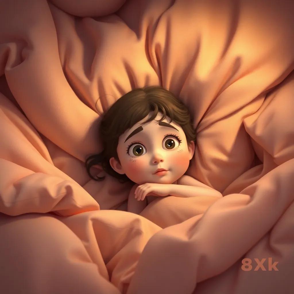 A young girl in a pile of soft mattresses, looking puzzled and tossing in her sleep, soft lighting, warm tones, a serene yet humorous atmosphere