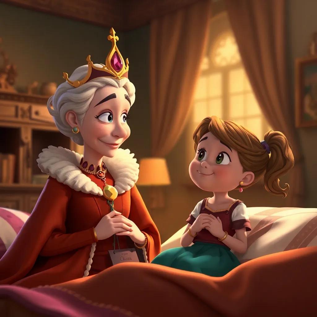 The queen with an amused expression asking the girl about her sleep, warm indoor light, cozy room with rich colors, engaging and friendly feel