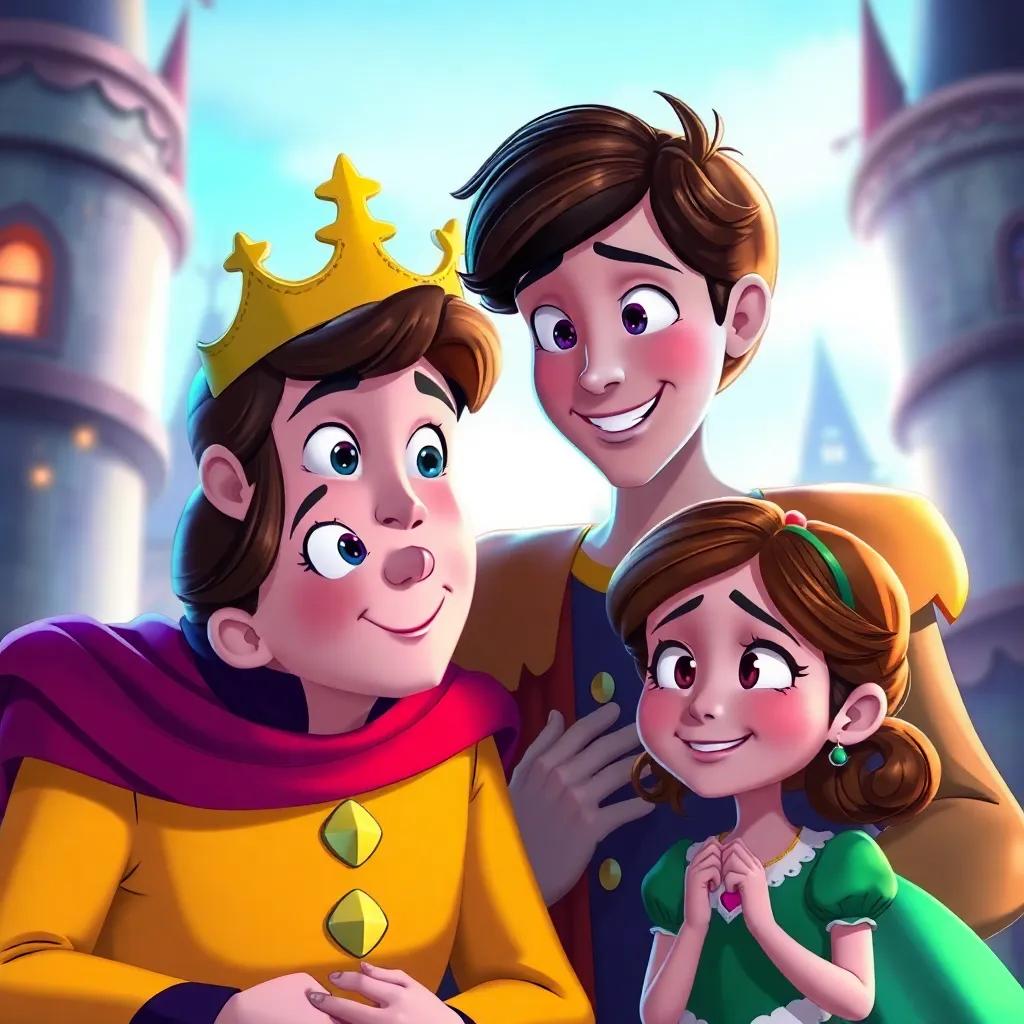 Surprised prince and queen smiling, looking at the girl who appears tired but happy, vibrant colors, joyful expression, castle setting