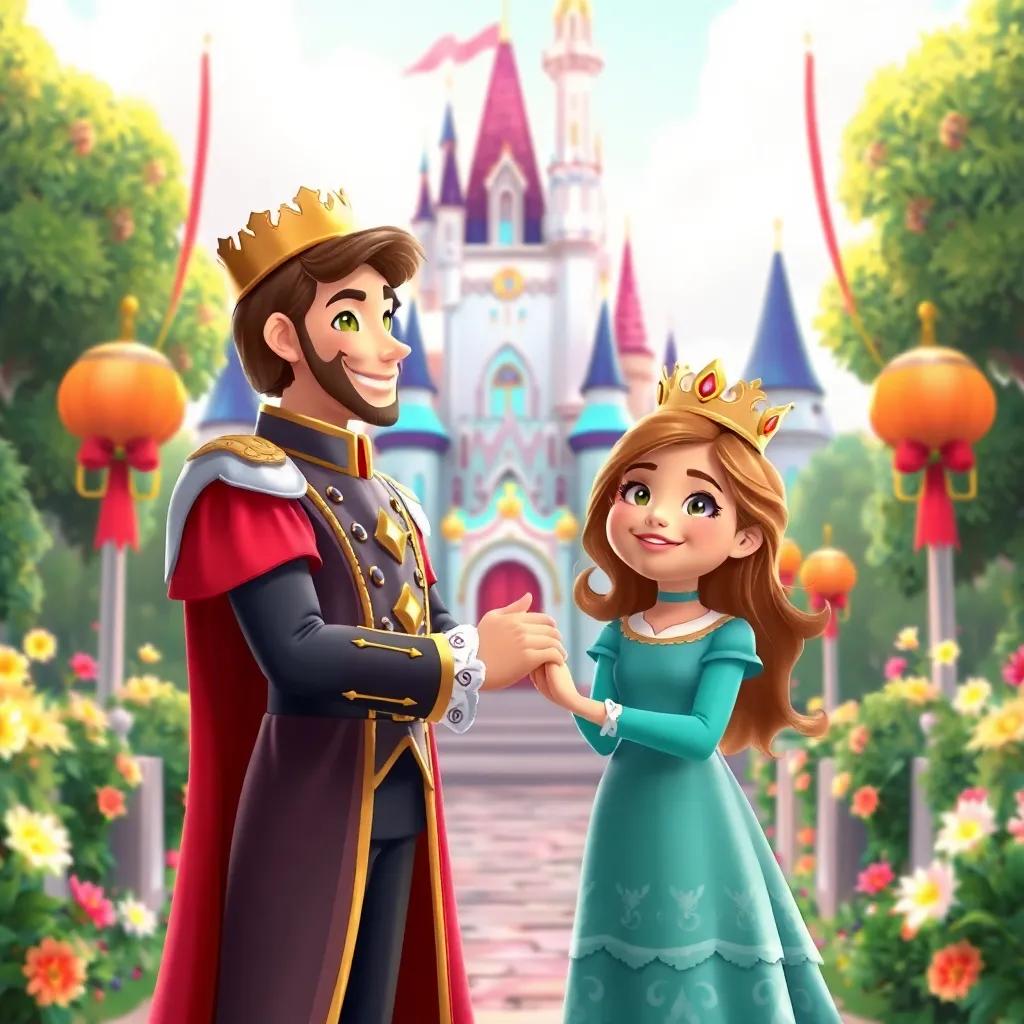 The prince with a big smile, holding the girl’s hands in front of a beautiful castle, bright flowers and decorations around, cheerful and festive atmosphere