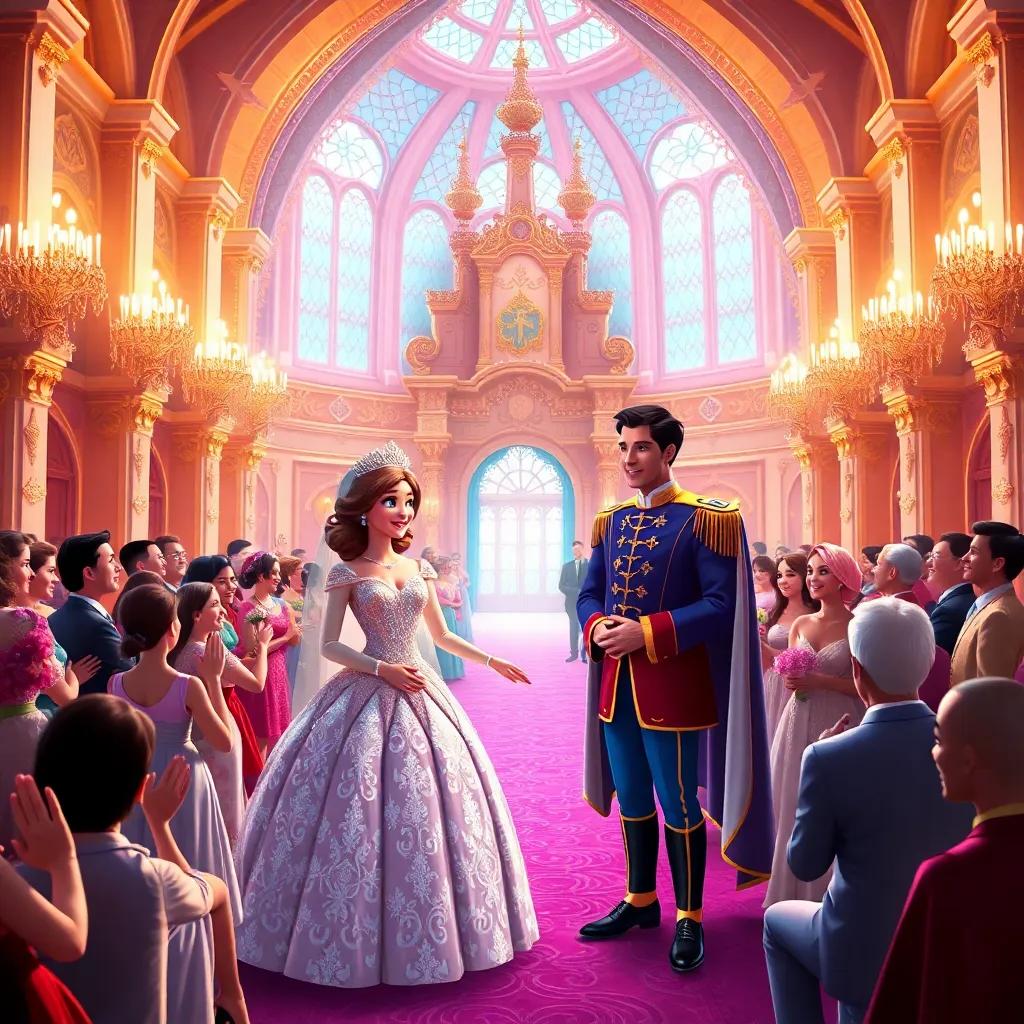 A grand wedding scene inside a brightly decorated castle, the princess in a glittery gown and the prince in royal attire, full of joyful guests, elegant and colorful