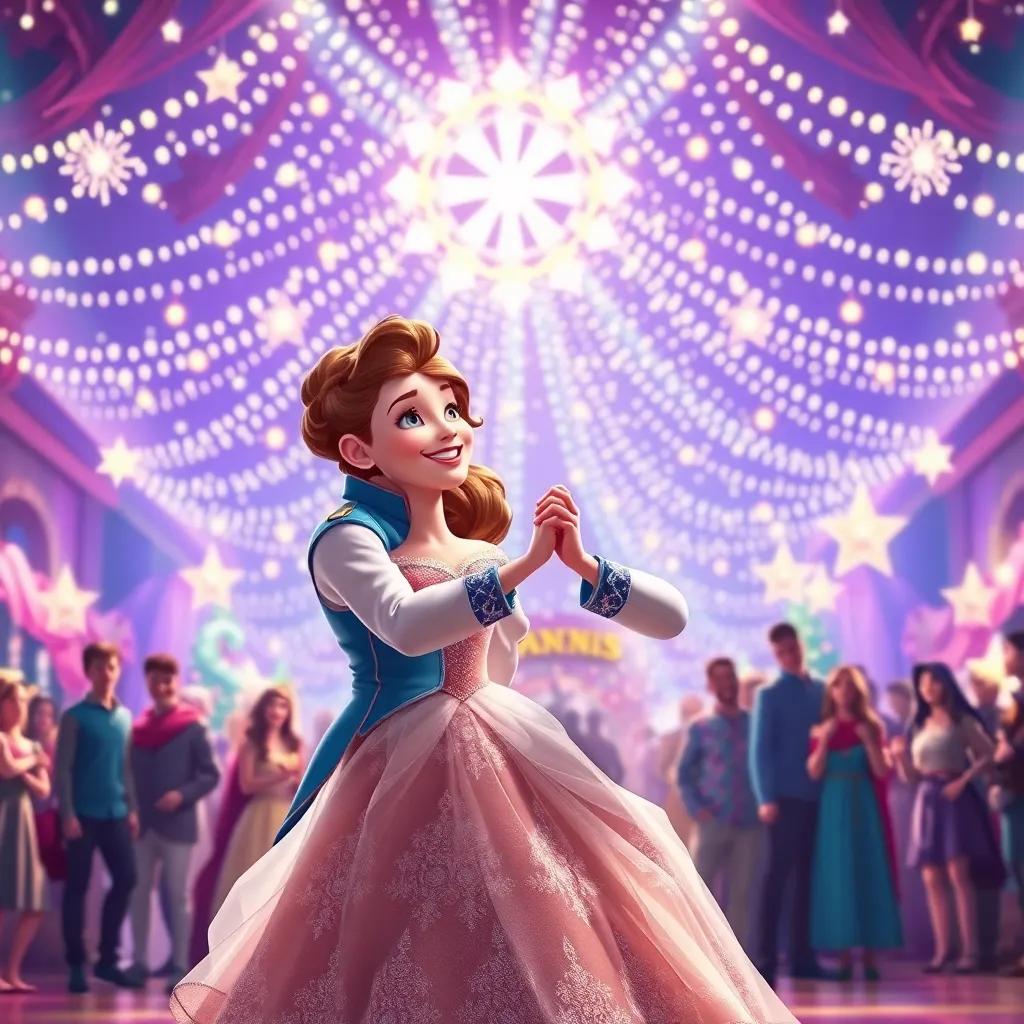 The princess and prince dancing joyfully under twinkling lights, surrounded by happy people, magical ambiance, bright and vivid colors, festive celebration