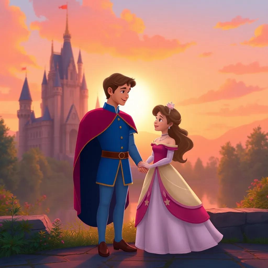 A peaceful scene of the prince and princess standing together by the castle, with a scenic sunset in the background, warm colors, calm and happy atmosphere