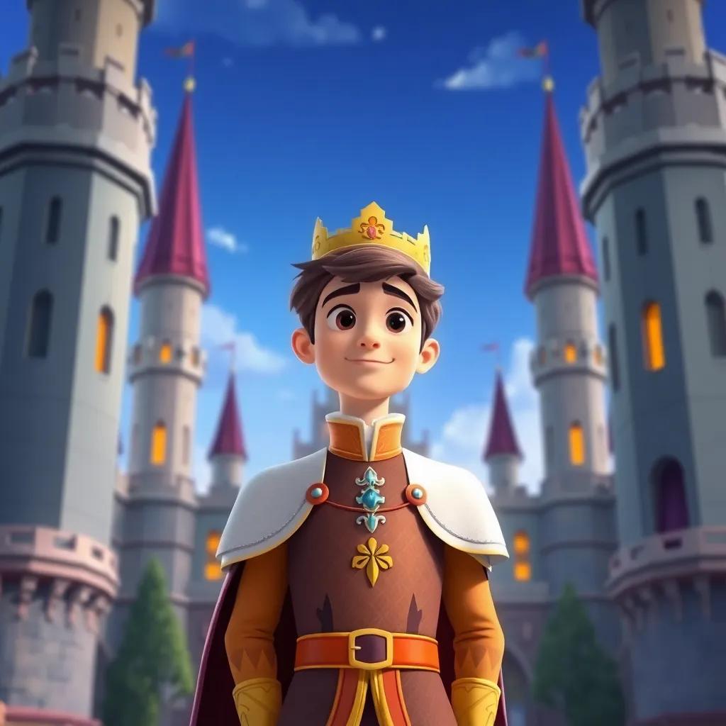 A handsome prince standing in a grand castle with tall towers, wearing a royal outfit, looking thoughtful and dreamy, colorful, cheerful, child-friendly scene