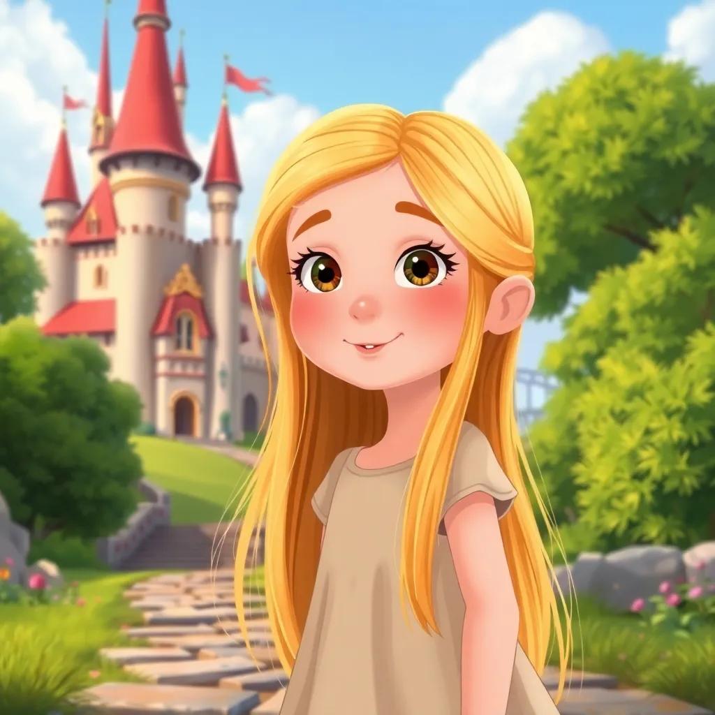 A young girl with long, golden hair, wearing a simple dress, arriving at the castle with a curious expression, colorful castle in the background, charming children’s illustration