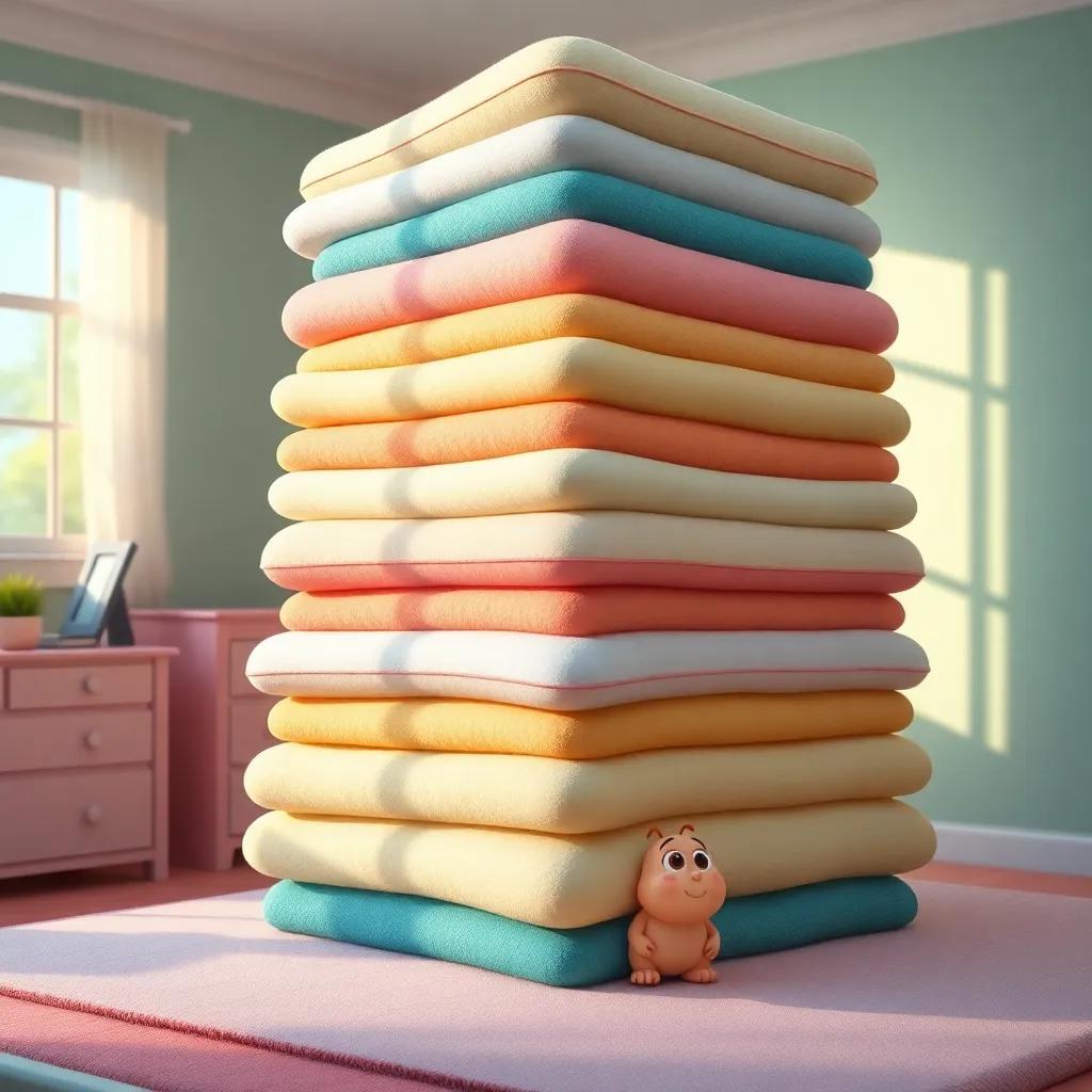 A stack of twenty plush mattresses piled high, with a tiny pea hidden underneath, bright and colorful bedroom, warm light, inviting and whimsical art style