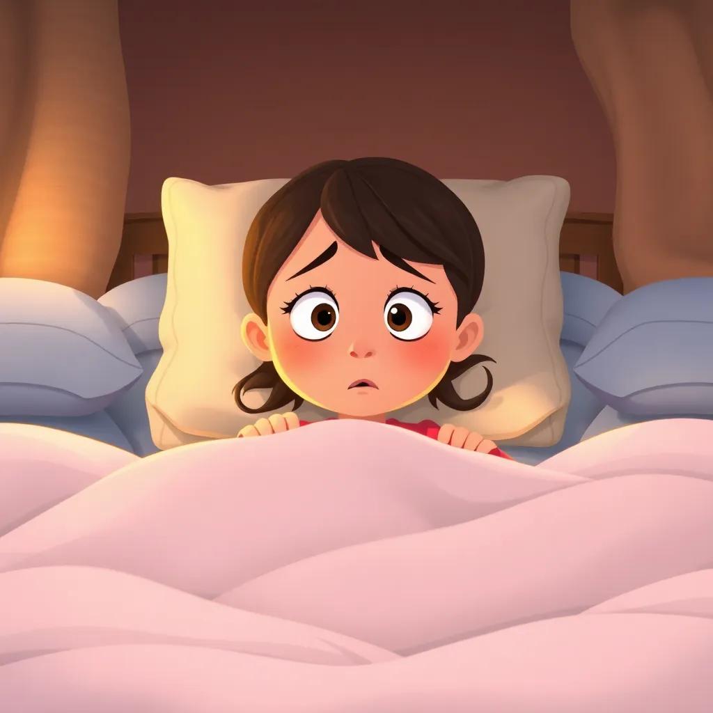 A young girl looking surprised and a little uncomfortable in bed, surrounded by many soft mattresses with a concerned face, warm and cozy room, whimsical narrative illustration