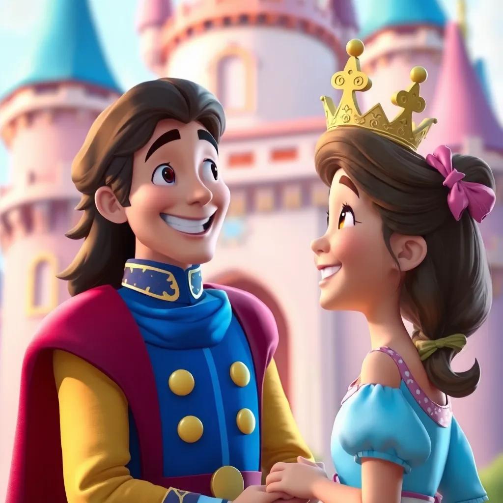 A prince smiling with excitement, talking to the young girl, both looking happy and joyful, colorful castle background, lighthearted and uplifting scene