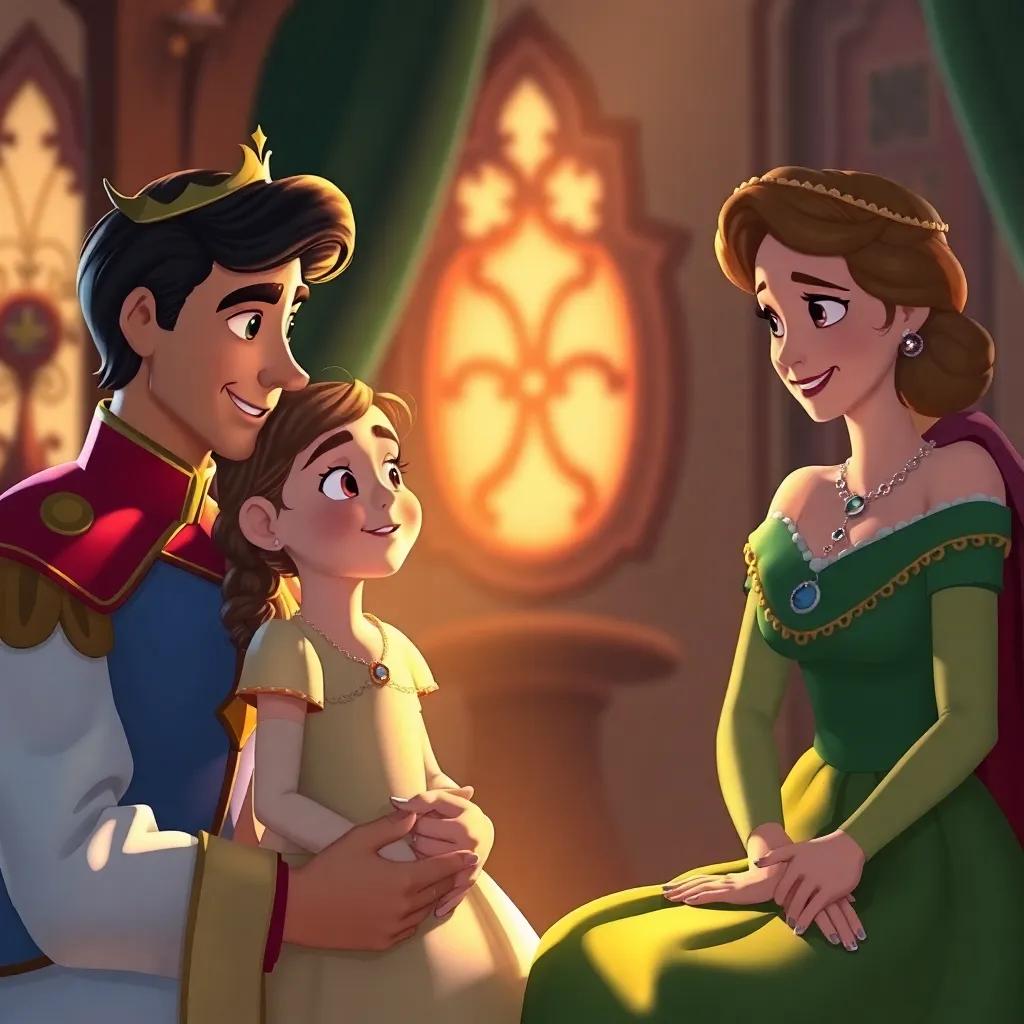 The young girl sharing her experience about the uncomfortable night, with the prince and queen listening intently, warm light, engaging and cheerful atmosphere