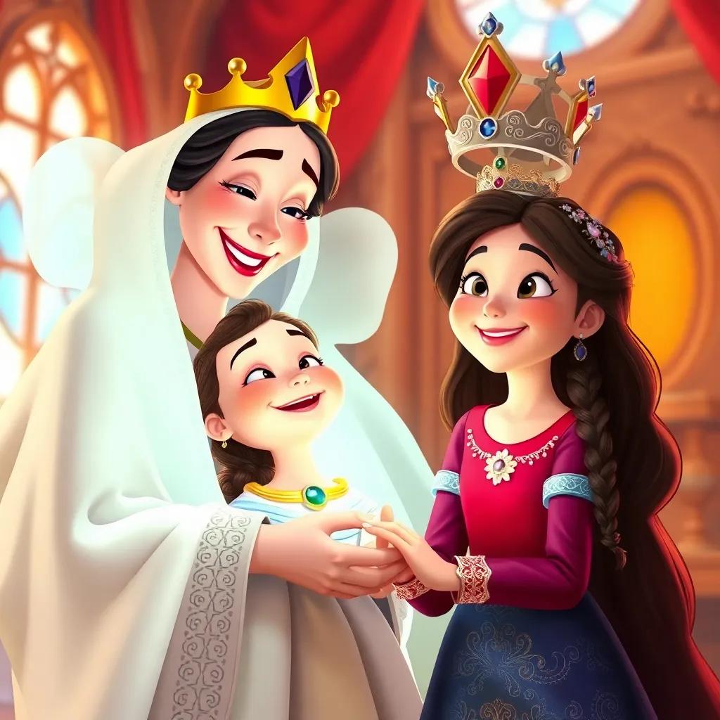 The queen happily revealing the truth that the girl is a true princess, joyful expressions on all faces, warm and bright colors, heartwarming moment