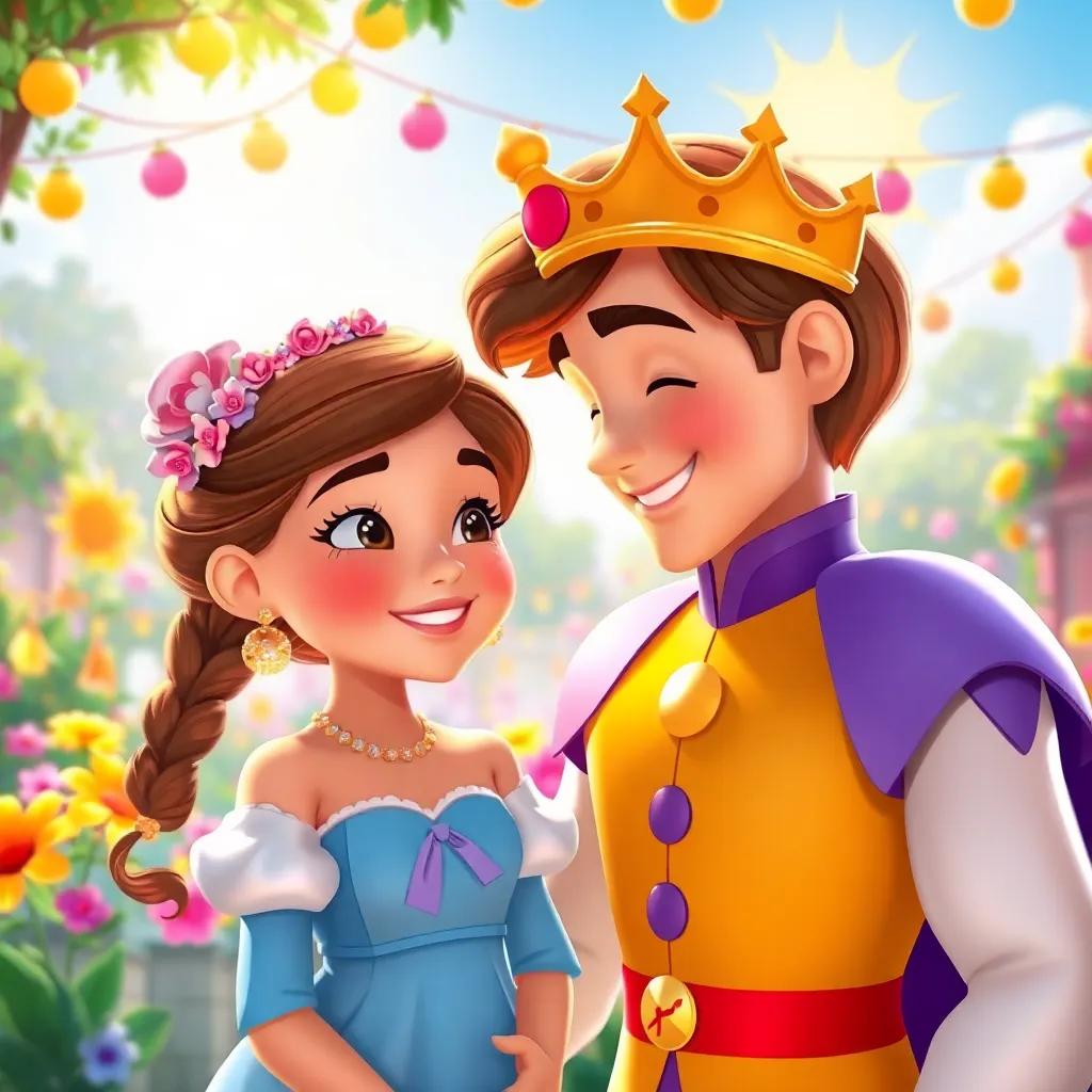 The prince and the girl smiling at each other, surrounded by a festive garden with flowers and sunshine, representing love and joy, colorful and cheerful scene