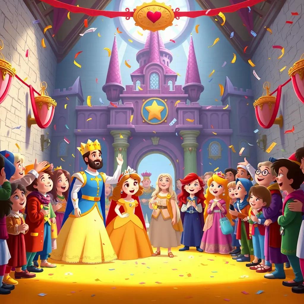 A joyful celebration in the castle with the prince, princess, and many happy subjects, confetti in the air, decorated with bright colors, lively atmosphere