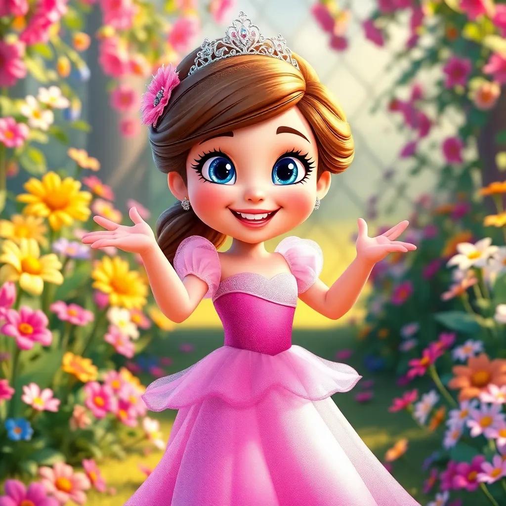 A cheerful princess, Mia, with sparkling blue eyes, wearing a lovely pink dress, dancing in a colorful garden with flowers all around, digital art, bright and vibrant colors, joyful atmosphere, high quality