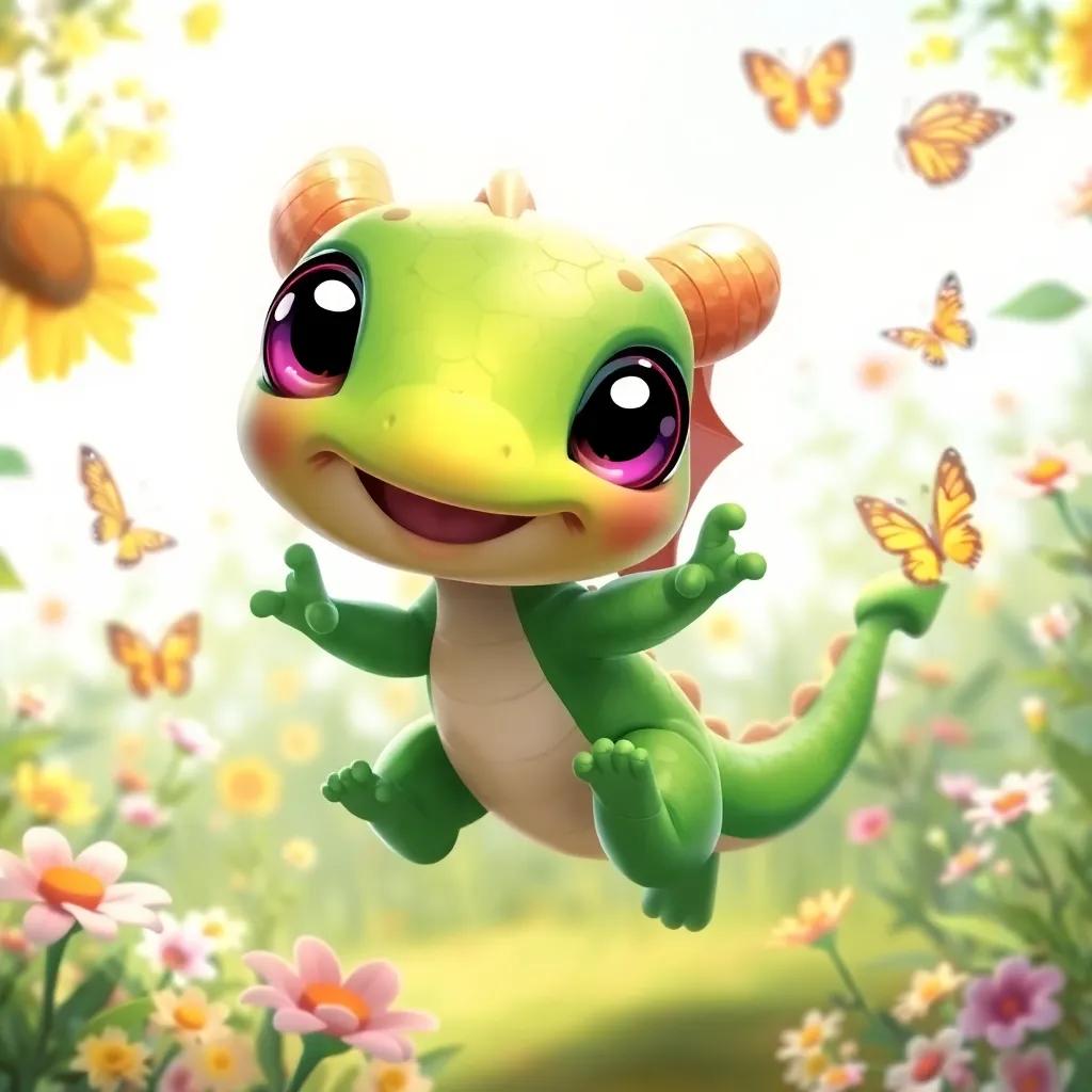 A small dragon, Dazzle, with green scales and big round eyes, jumping with joy in a sunny garden, surrounded by flowers and butterflies, playful mood, cheerful, high quality