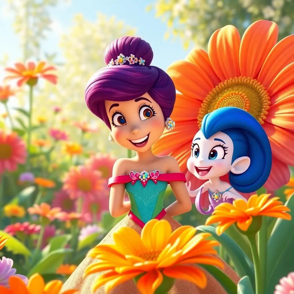 Princess Mia counting to ten with a giggle, looking for Dazzle behind a big colorful flower, laughter in the air, bright sunlight, vibrant garden, cheerful scene, high quality
