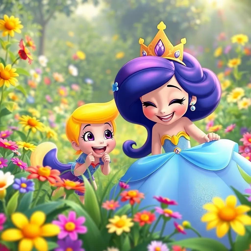 Princess Mia and Dazzle having fun playing hide and seek in a garden, exploring and laughing, with colorful flowers and sunshine all around, joyful mood, high quality