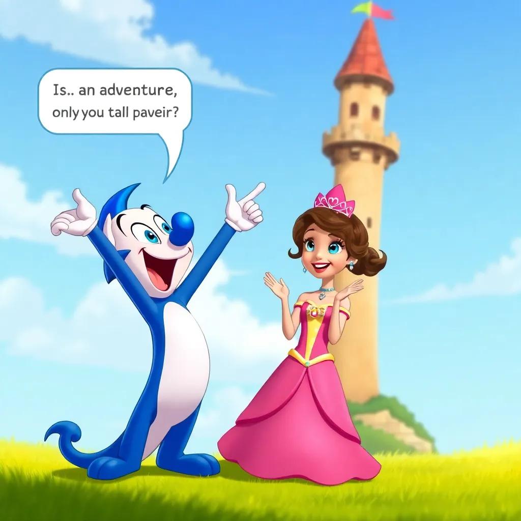 Dazzle excitedly suggesting an adventure, pointing to the tall castle tower, Princess Mia clapping her hands in excitement, bright cheerful scene, high quality