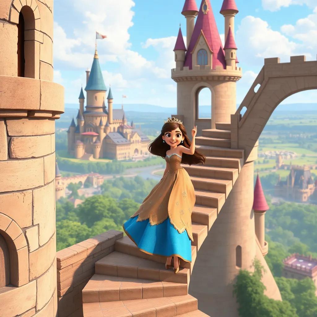 Princess Mia climbing the winding stairs of the castle tower, reaching the top with Dazzle, beautiful view of the kingdom in the background, cheerful mood, high quality