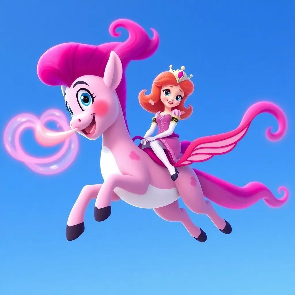 Dazzle blowing smoke rings in fun shapes while flying with Princess Mia on his back, soaring in a clear blue sky, joyful and adventurous, bright colors, high quality