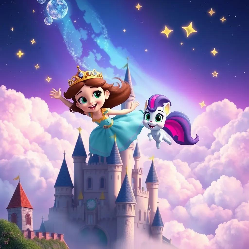 Princess Mia and Dazzle enjoying a magical flying adventure above the castle, with clouds and stars around them, vibrant, lively atmosphere, high quality
